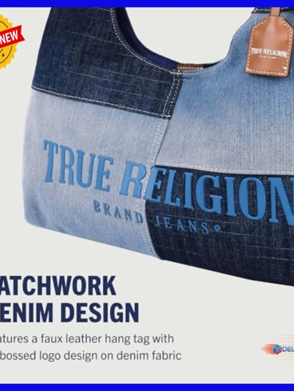 Patchwork Denim Hobo Bag, Oversized Logo, Magnetic Closure, Shoulder Purse